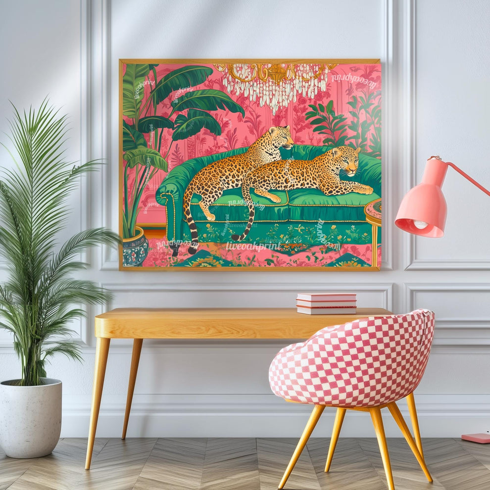 Leopard Lounge Wall Art – Maximalist Jungle Print – Pink and Green Glam Decor – Animal Print Living Room Art – Vintage Palm Wallpaper