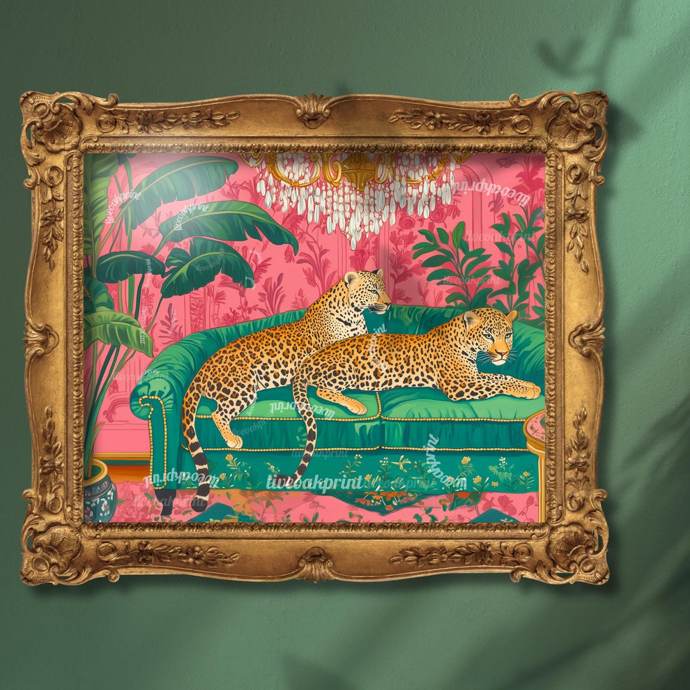Leopard Lounge Wall Art – Maximalist Jungle Print – Pink and Green Glam Decor – Animal Print Living Room Art – Vintage Palm Wallpaper