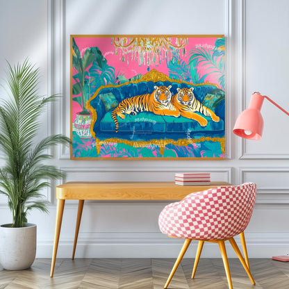 Tiger Lounge Wall Art – Maximalist Animal Print Decor – Bold Pink and Blue Jungle Art – Preppy Glam Living Room Print Dopamine Interior