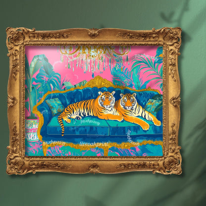 Tiger Lounge Wall Art – Maximalist Animal Print Decor – Bold Pink and Blue Jungle Art – Preppy Glam Living Room Print Dopamine Interior