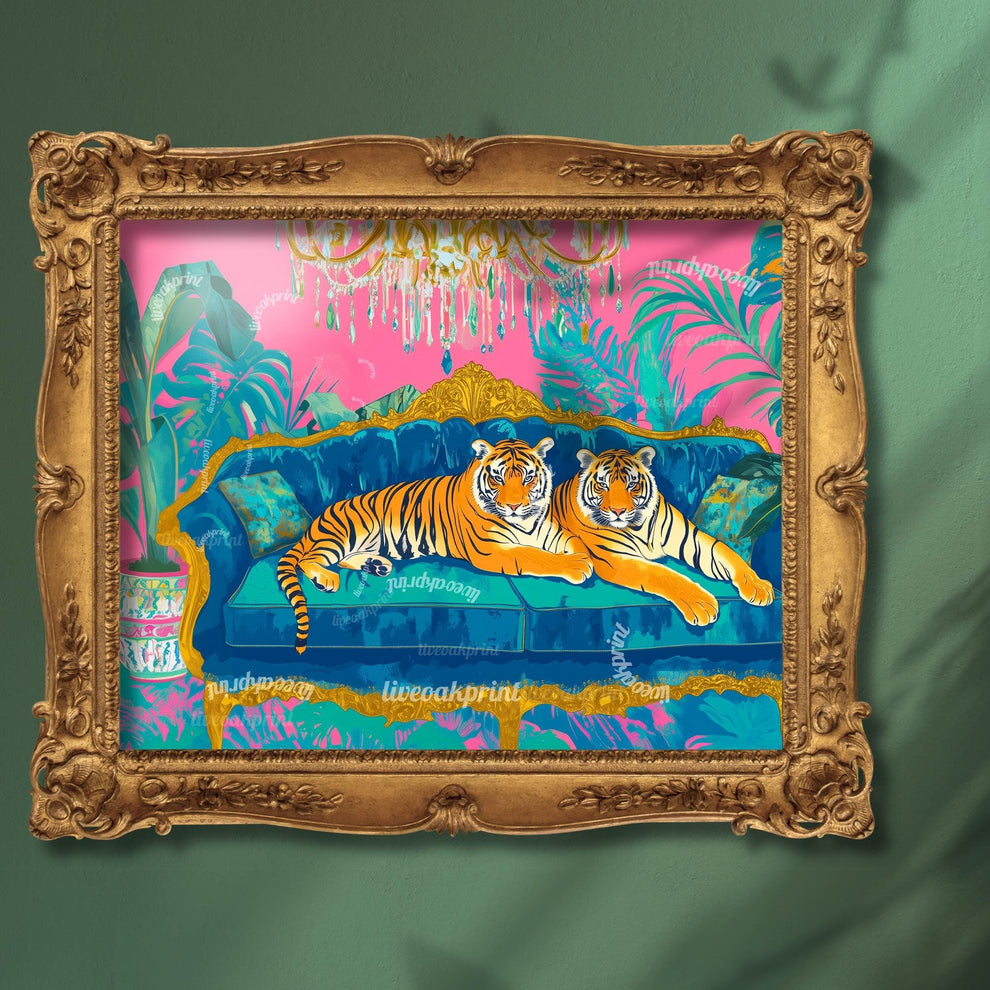 Tiger Lounge Wall Art – Maximalist Animal Print Decor – Bold Pink and Blue Jungle Art – Preppy Glam Living Room Print Dopamine Interior