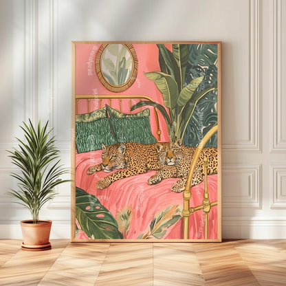 Leopard Bedroom Wall Art – Tropical Cat Print – Jungle Bedroom Decor – Pink Maximalist Wall Art – Preppy Safari Animal Print Glam Home Decor