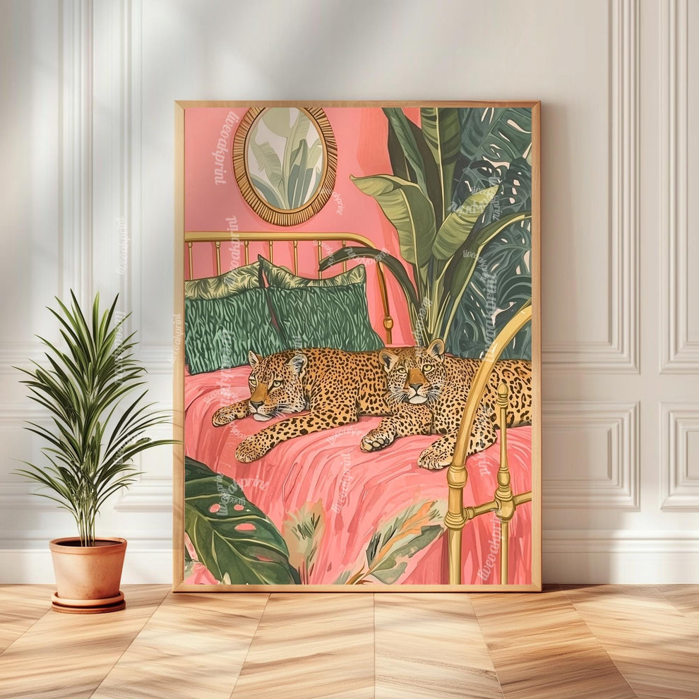 Leopard Bedroom Wall Art – Tropical Cat Print – Jungle Bedroom Decor – Pink Maximalist Wall Art – Preppy Safari Animal Print Glam Home Decor