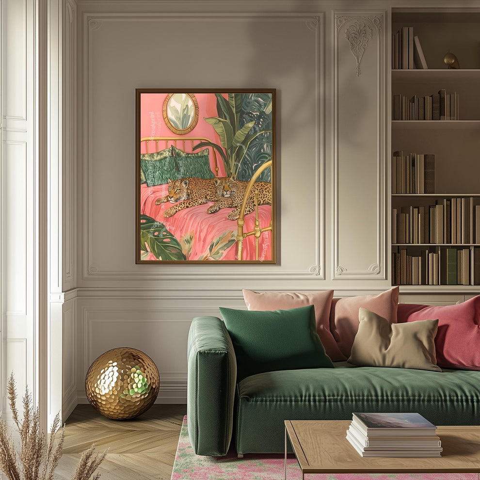 Leopard Bedroom Wall Art – Tropical Cat Print – Jungle Bedroom Decor – Pink Maximalist Wall Art – Preppy Safari Animal Print Glam Home Decor