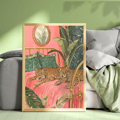 Leopard Bedroom Wall Art – Tropical Cat Print – Jungle Bedroom Decor – Pink Maximalist Wall Art – Preppy Safari Animal Print Glam Home Decor