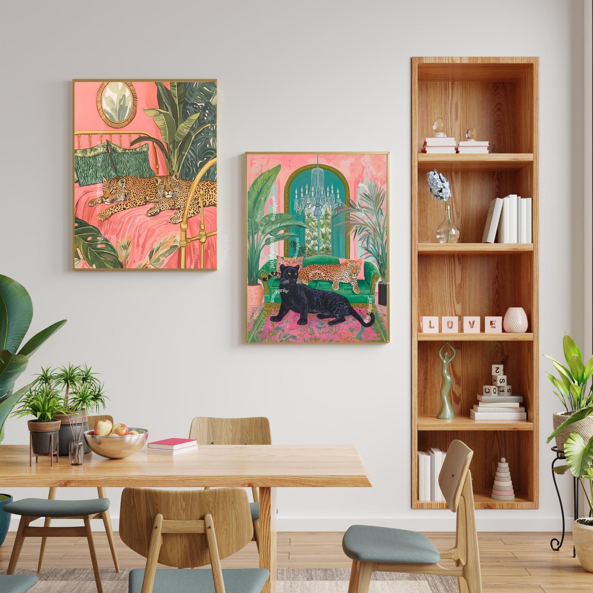 Panther and Leopard Wall Art – Jungle Glam Bedroom Decor – Pink and Green Maximalist Print – Bold Safari Animal Art – Tropical Cat Print