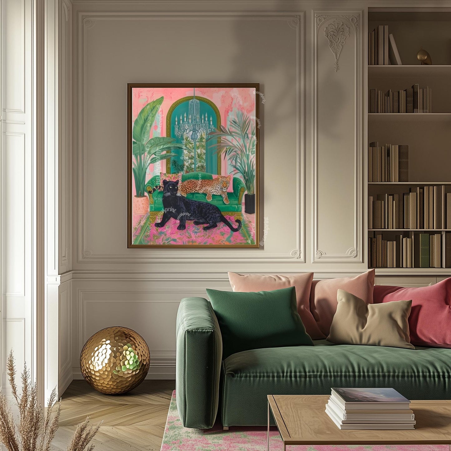 Panther and Leopard Wall Art – Jungle Glam Bedroom Decor – Pink and Green Maximalist Print – Bold Safari Animal Art – Tropical Cat Print