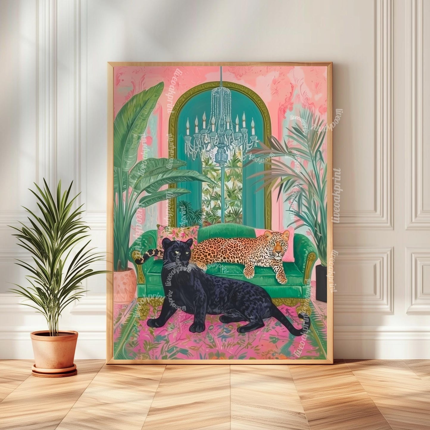 Panther and Leopard Wall Art – Jungle Glam Bedroom Decor – Pink and Green Maximalist Print – Bold Safari Animal Art – Tropical Cat Print