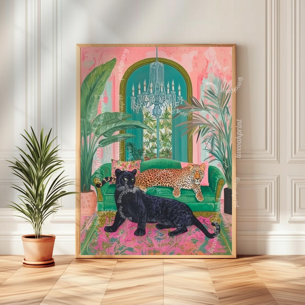 Panther and Leopard Wall Art – Jungle Glam Bedroom Decor – Pink and Green Maximalist Print – Bold Safari Animal Art – Tropical Cat Print