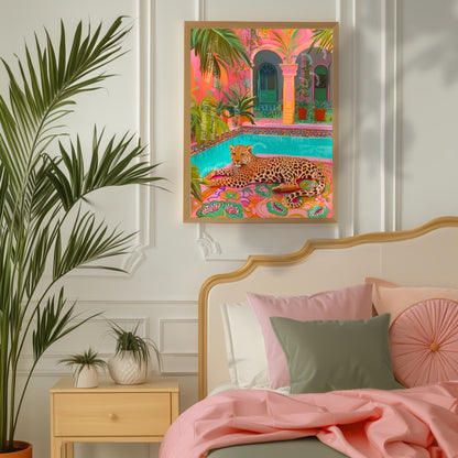 Tropical Leopard Pool Art – Pink Jungle Wall Decor – Vibrant Safari Print – Boho Maximalist Patio Art – Exotic Animal Art for Summer Home