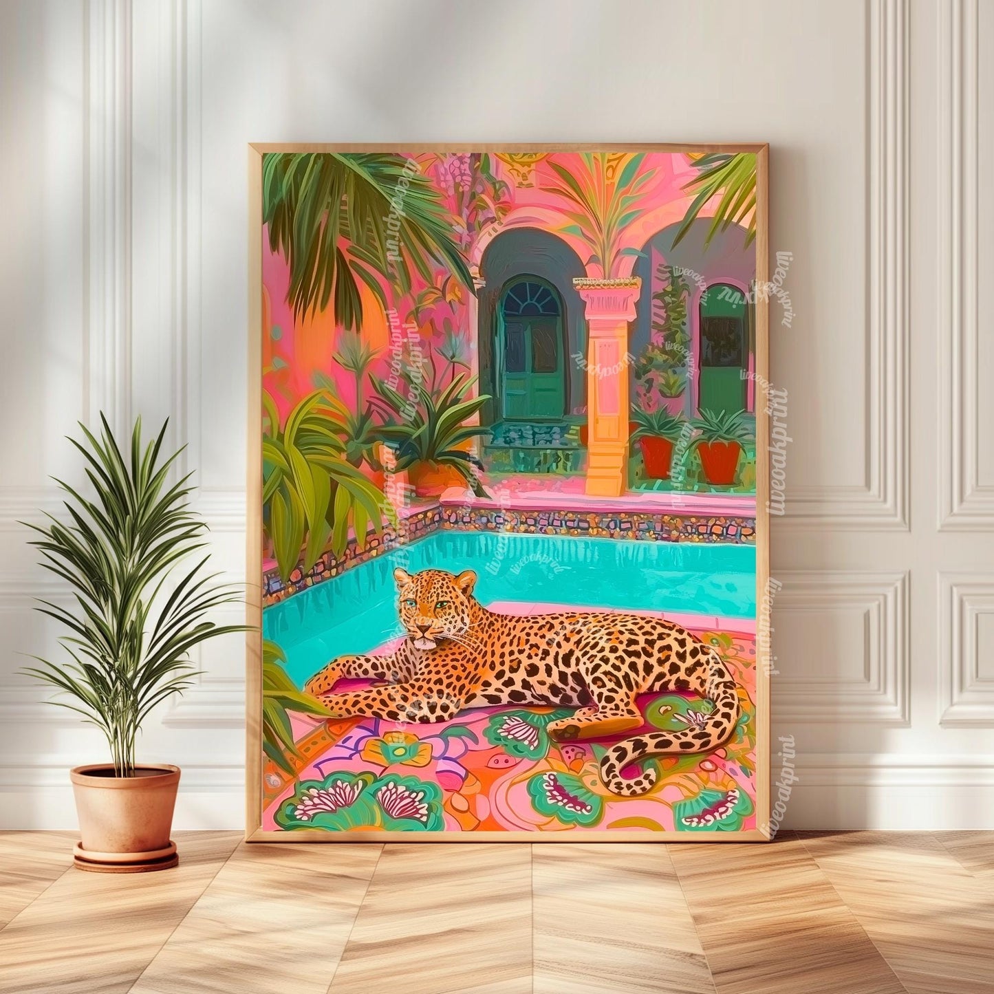 Tropical Leopard Pool Art – Pink Jungle Wall Decor – Vibrant Safari Print – Boho Maximalist Patio Art – Exotic Animal Art for Summer Home