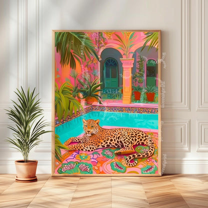 Tropical Leopard Pool Art – Pink Jungle Wall Decor – Vibrant Safari Print – Boho Maximalist Patio Art – Exotic Animal Art for Summer Home