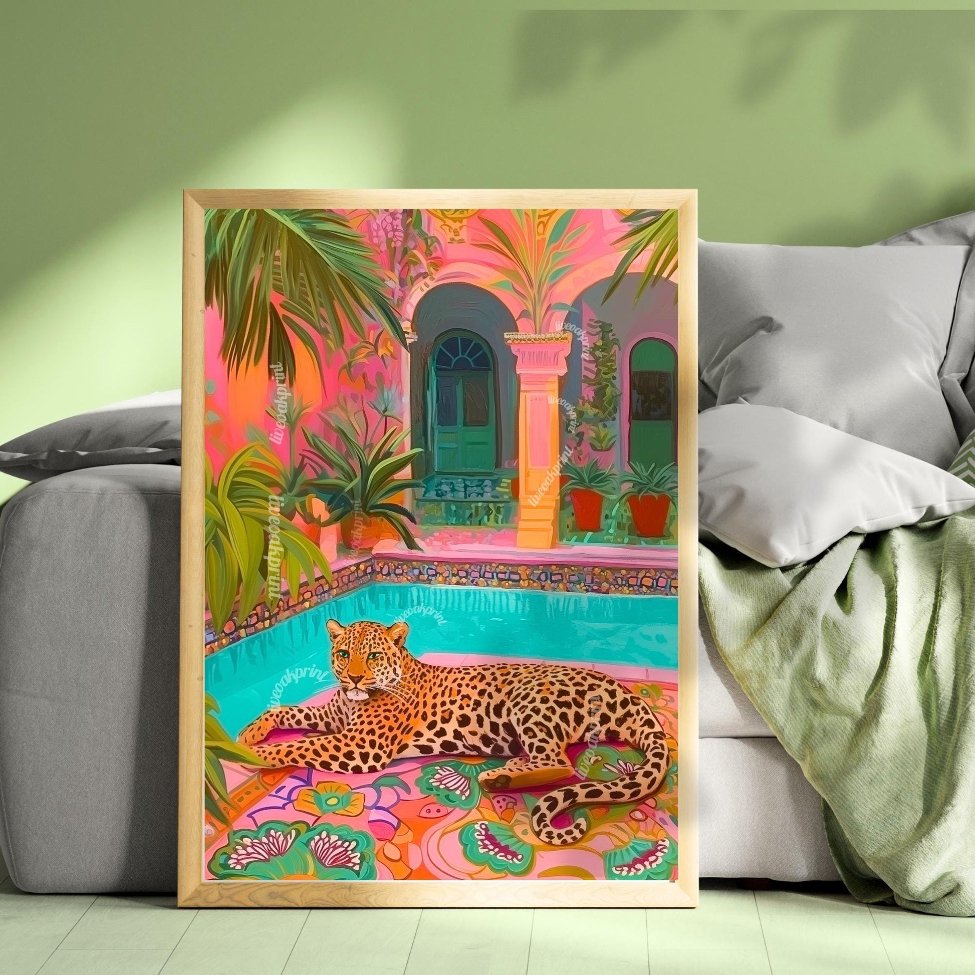 Tropical Leopard Pool Art – Pink Jungle Wall Decor – Vibrant Safari Print – Boho Maximalist Patio Art – Exotic Animal Art for Summer Home