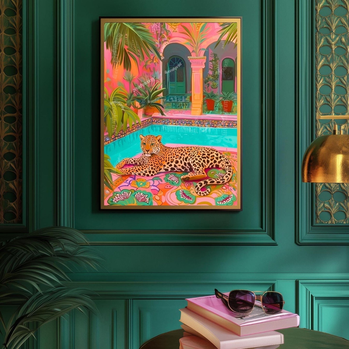 Tropical Leopard Pool Art – Pink Jungle Wall Decor – Vibrant Safari Print – Boho Maximalist Patio Art – Exotic Animal Art for Summer Home