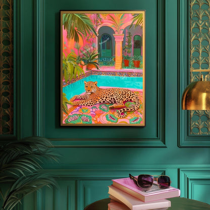 Tropical Leopard Pool Art – Pink Jungle Wall Decor – Vibrant Safari Print – Boho Maximalist Patio Art – Exotic Animal Art for Summer Home