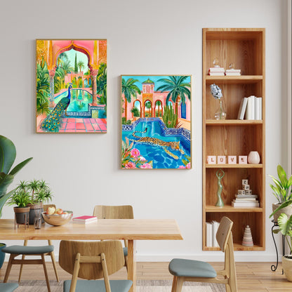 Leopard Wall Art – Colorful Jungle Animal Print – Tropical Pool Decor – Moroccan Architecture Art – Exotic Cat Wall Art – Boho Maximalist