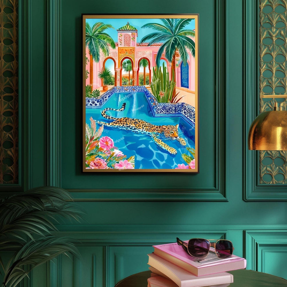 Leopard Wall Art – Colorful Jungle Animal Print – Tropical Pool Decor – Moroccan Architecture Art – Exotic Cat Wall Art – Boho Maximalist