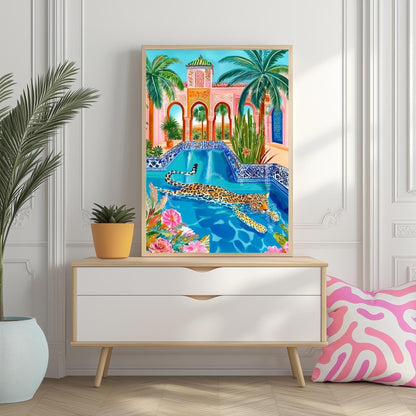 Leopard Wall Art – Colorful Jungle Animal Print – Tropical Pool Decor – Moroccan Architecture Art – Exotic Cat Wall Art – Boho Maximalist