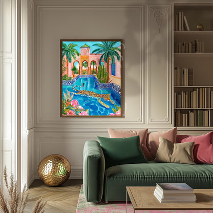 Leopard Wall Art – Colorful Jungle Animal Print – Tropical Pool Decor – Moroccan Architecture Art – Exotic Cat Wall Art – Boho Maximalist