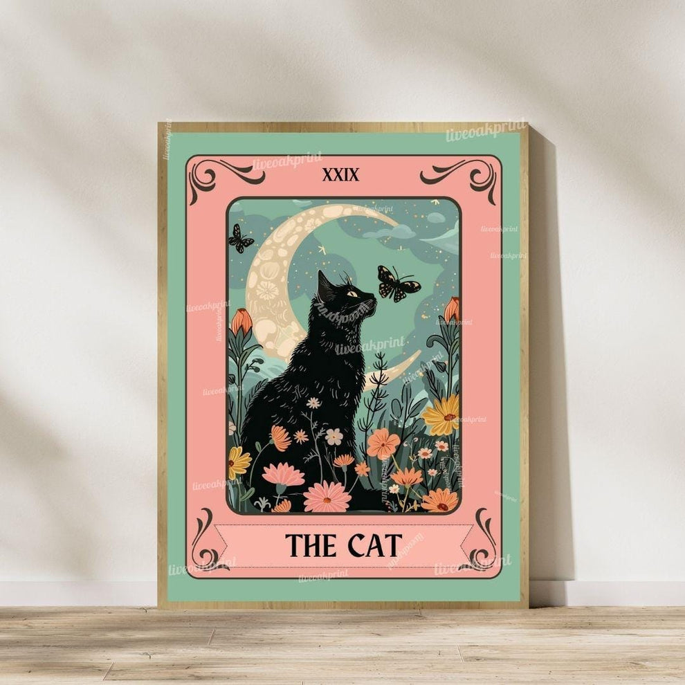 Black Cat Wall Art Set of 2 – Cat Lover Gift – Witchy Cat Decor – Botanical Cat Art – Cozy Bedroom Cat Print Set – Mystical Cat Wall Decor