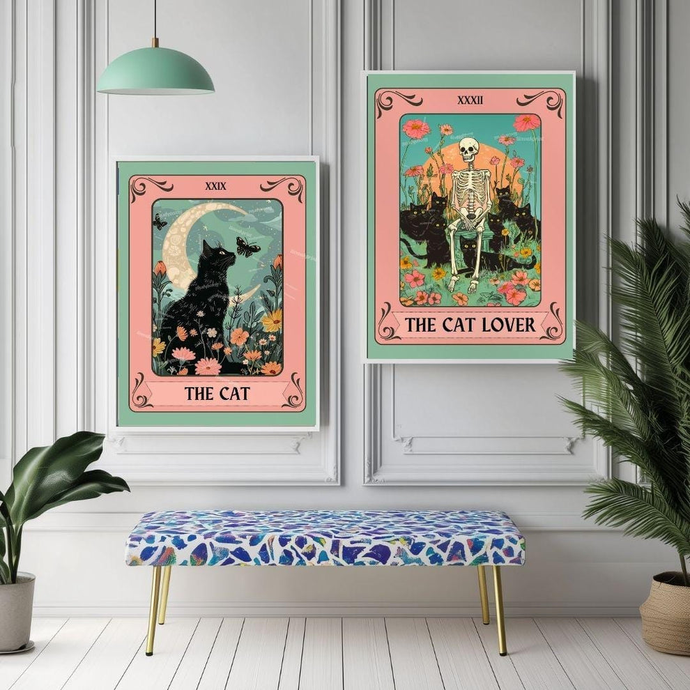 Black Cat Wall Art Set of 2 – Cat Lover Gift – Witchy Cat Decor – Botanical Cat Art – Cozy Bedroom Cat Print Set – Mystical Cat Wall Decor
