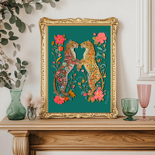 Jaguar Wall Art - Maximalist Wall Decor - Psychedelic Wall Art Maximalist Leopard Print Floral Wall Art Jungle Wall Decor Green and Pink Art