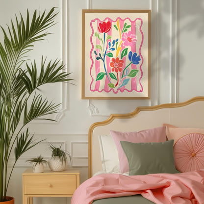 Bright Flowers Wall Art – Pink and Green Pastel Print Cozy Cottagecore Bedroom Decor – Botanical Wall Art Soft Pink Floral Print
