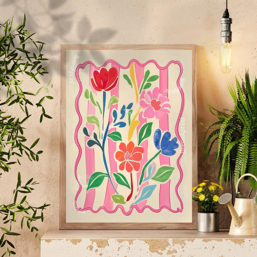 Bright Flowers Wall Art – Pink and Green Pastel Print Cozy Cottagecore Bedroom Decor – Botanical Wall Art Soft Pink Floral Print