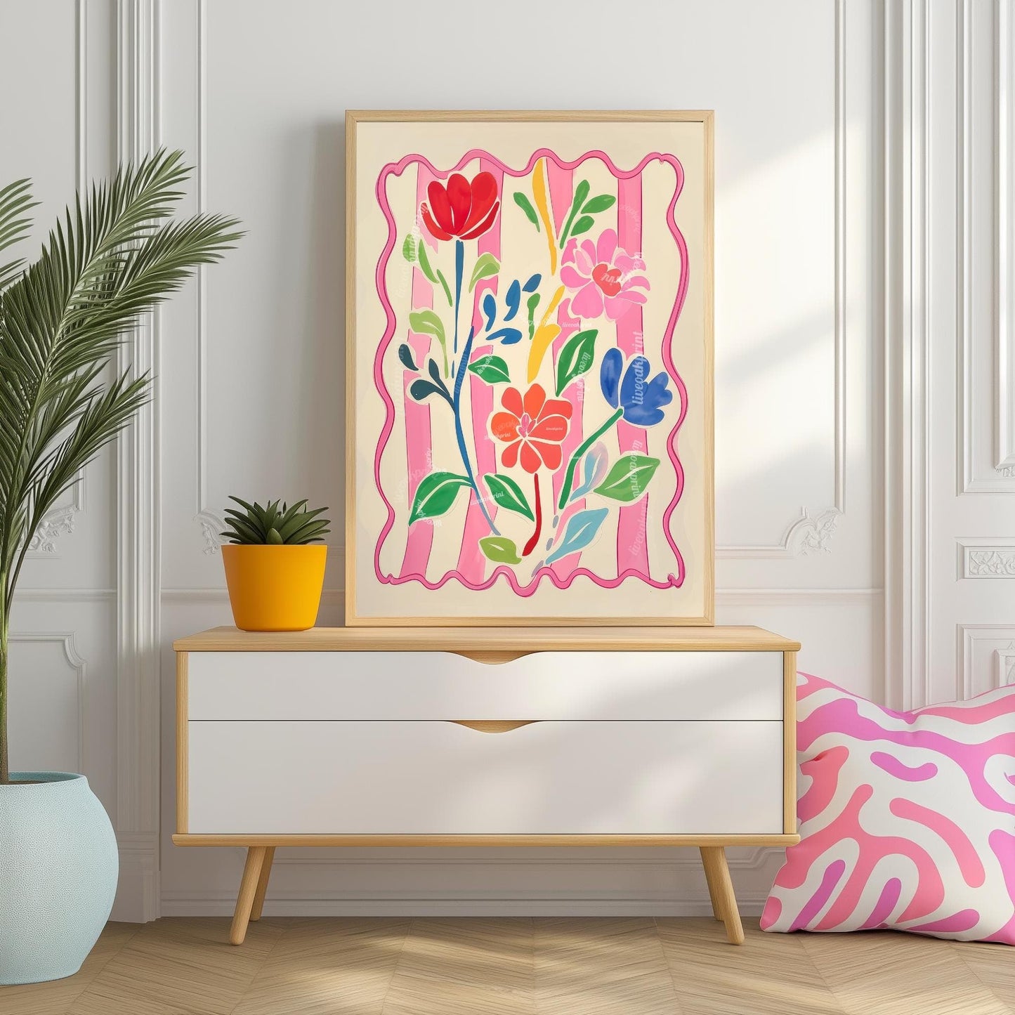 Bright Flowers Wall Art – Pink and Green Pastel Print Cozy Cottagecore Bedroom Decor – Botanical Wall Art Soft Pink Floral Print