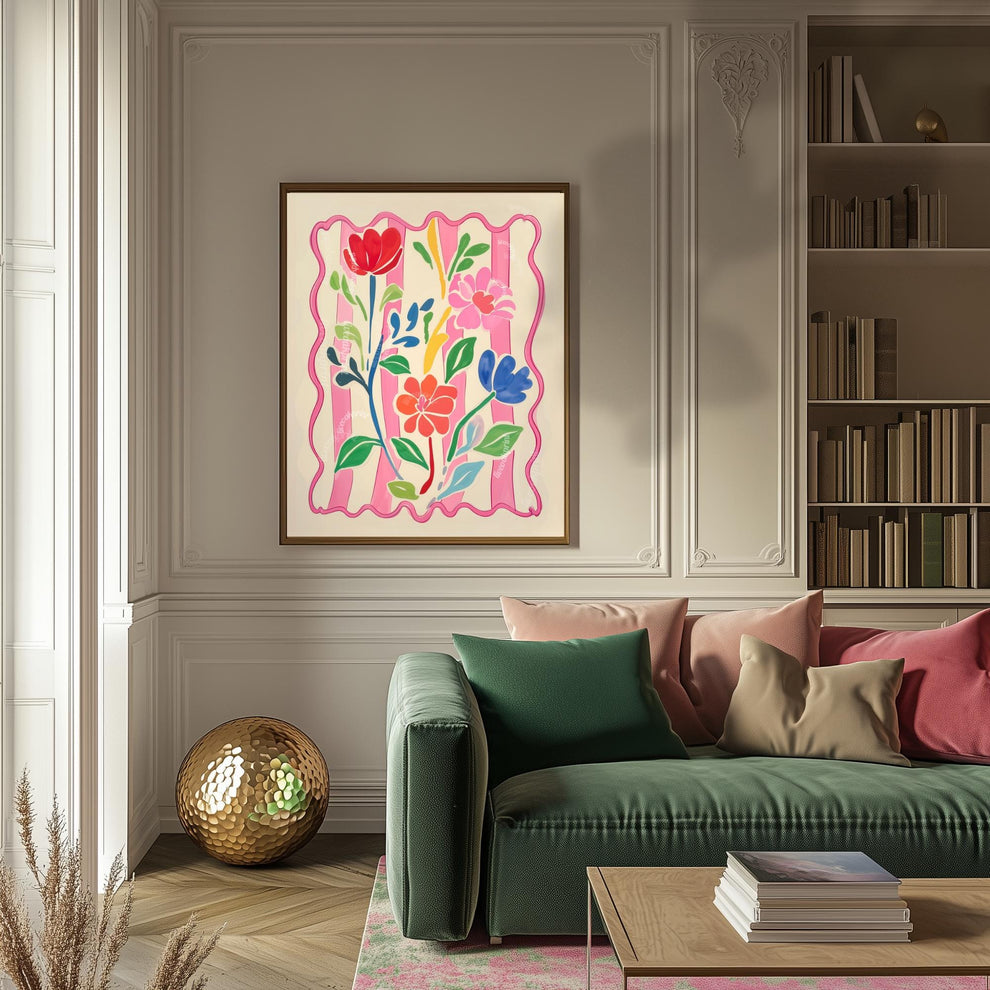 Bright Flowers Wall Art – Pink and Green Pastel Print Cozy Cottagecore Bedroom Decor – Botanical Wall Art Soft Pink Floral Print