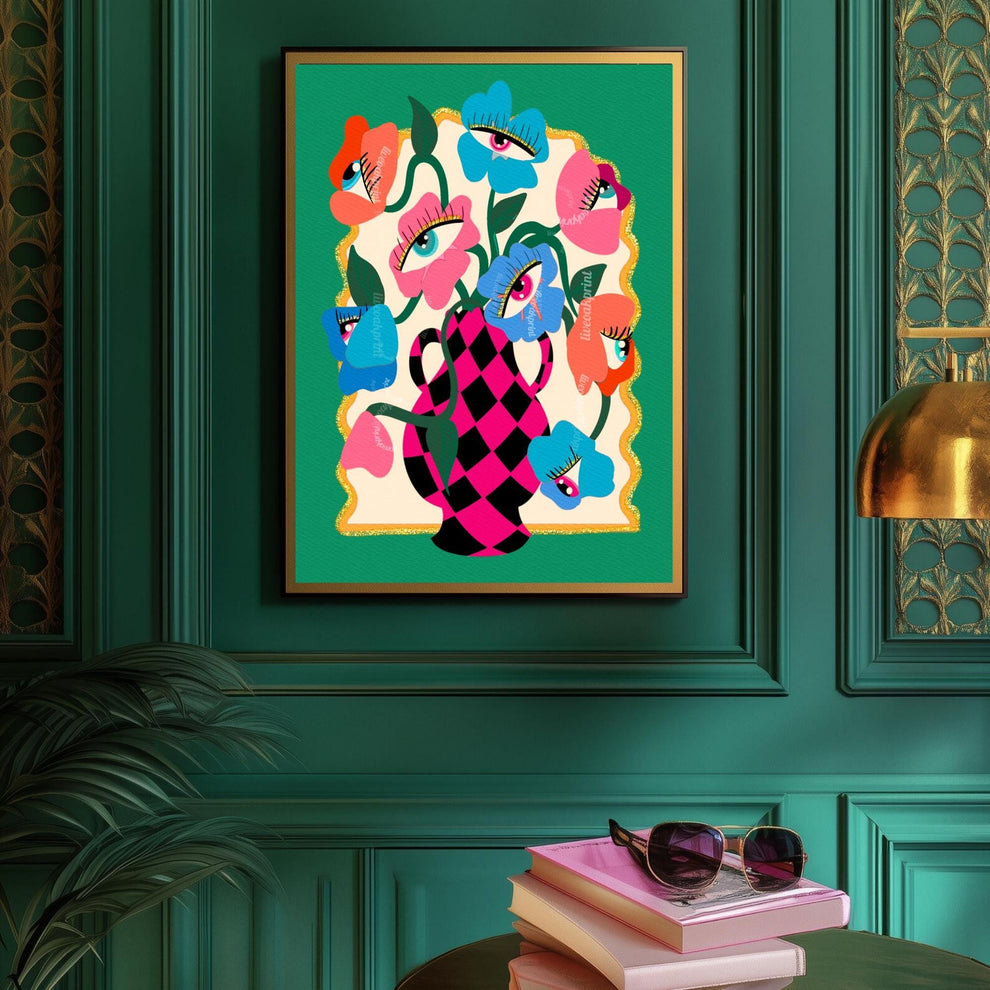 Funky Wall Art – Maximalist Wall Decor Print – Trippy Art for Living Room Colorful Boho Decor – Eye Flower Poster – Dopamine Wall Art