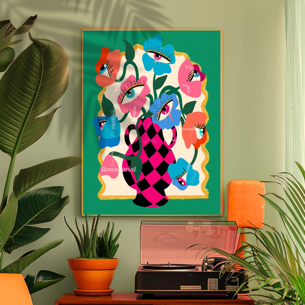 Funky Wall Art – Maximalist Wall Decor Print – Trippy Art for Living Room Colorful Boho Decor – Eye Flower Poster – Dopamine Wall Art