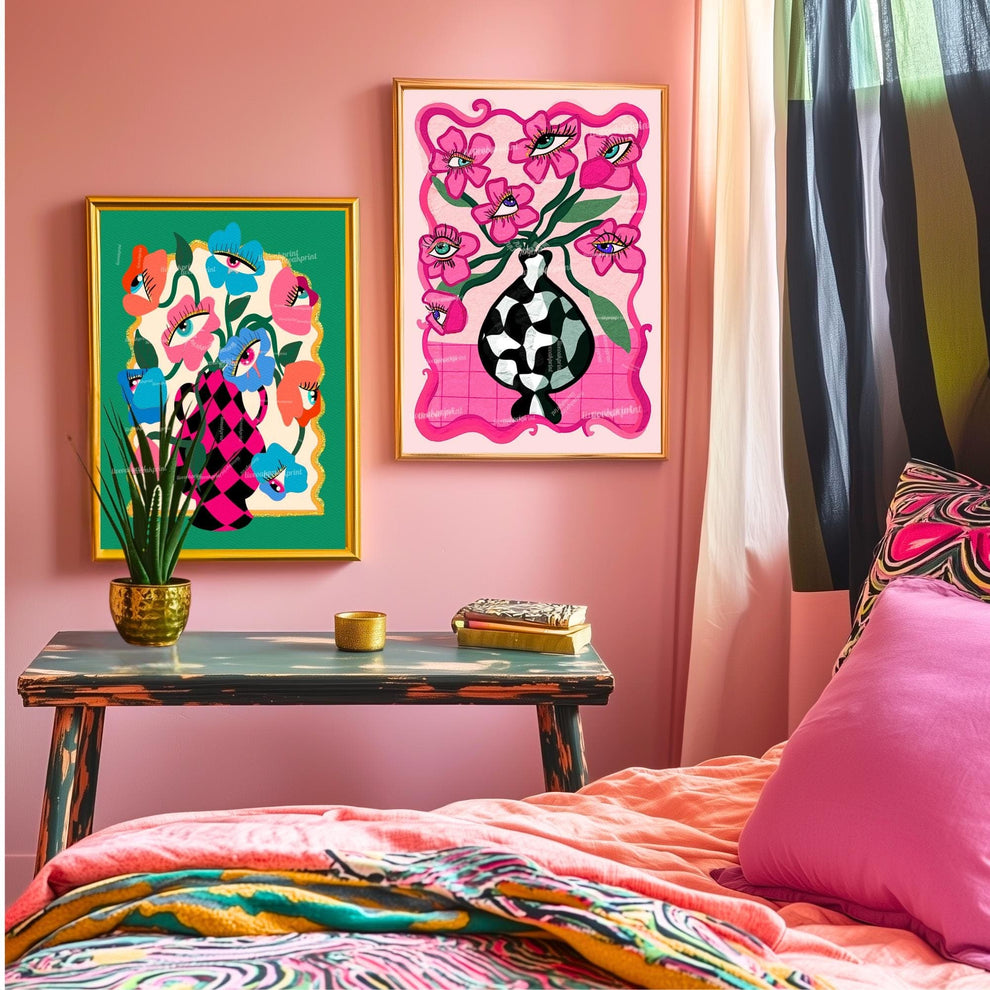 Funky Wall Art – Maximalist Wall Decor Print – Trippy Art for Living Room Colorful Boho Decor – Eye Flower Poster – Dopamine Wall Art