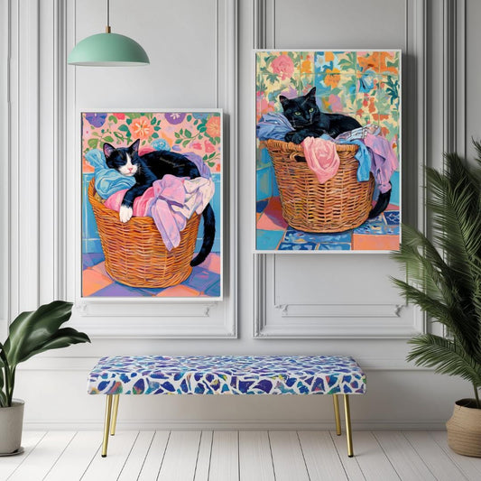 Laundry Room Wall Art - Cat Wall Art Set of 2 - Black Cat Prints for Laundry Room Decor Funny Cat Lover Gift Colorful Home Artwork