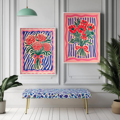 Red and Pink Floral Wall Art Set of 2 – Pink and Blue Flower Prints Boho Botanical Wall Decor Coquette Bedroom Art Bold Maximalist Decor