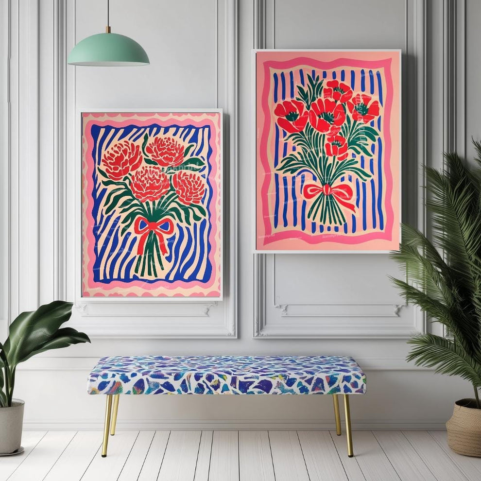 Red and Pink Floral Wall Art Set of 2 – Pink and Blue Flower Prints Boho Botanical Wall Decor Coquette Bedroom Art Bold Maximalist Decor
