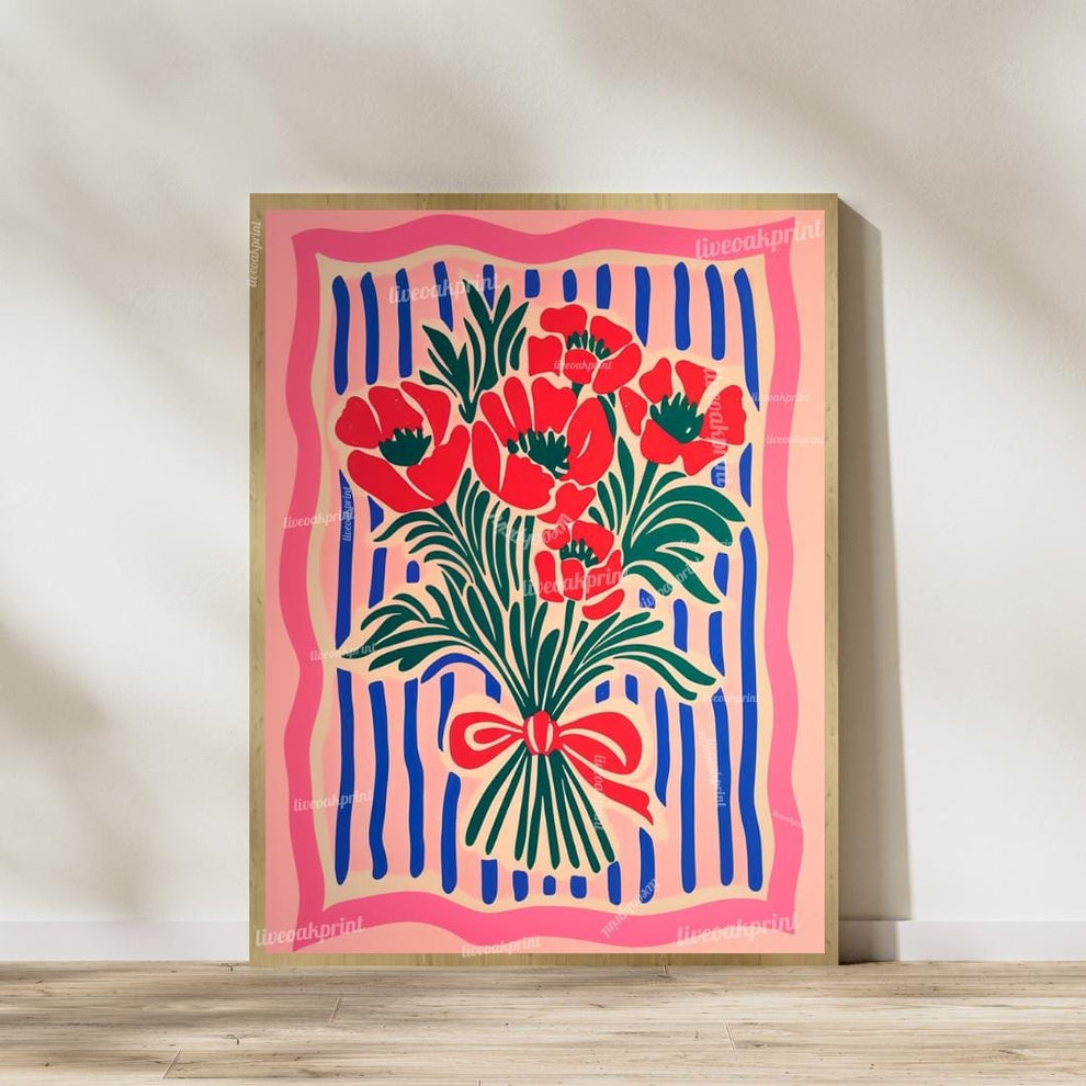 Red and Pink Floral Wall Art Set of 2 – Pink and Blue Flower Prints Boho Botanical Wall Decor Coquette Bedroom Art Bold Maximalist Decor