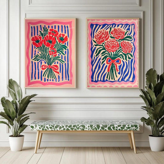 Red and Pink Floral Wall Art Set of 2 – Pink and Blue Flower Prints Boho Botanical Wall Decor Coquette Bedroom Art Bold Maximalist Decor