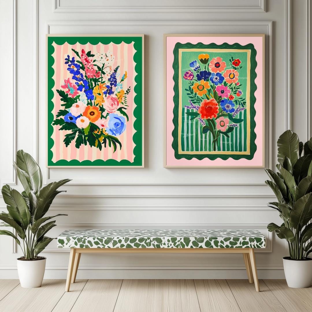 Pink and Green Floral Wall Art - Set of Two Art Prints