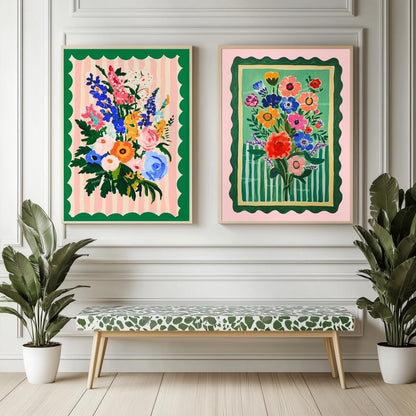 Pink and Green Floral Wall Art - Set of Two Art Prints