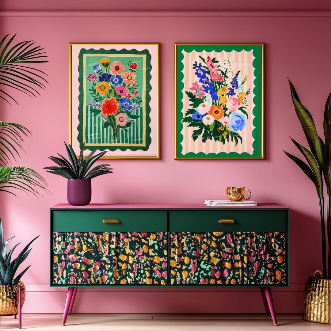 Pink and Green Floral Wall Art - Set of Two Art Prints