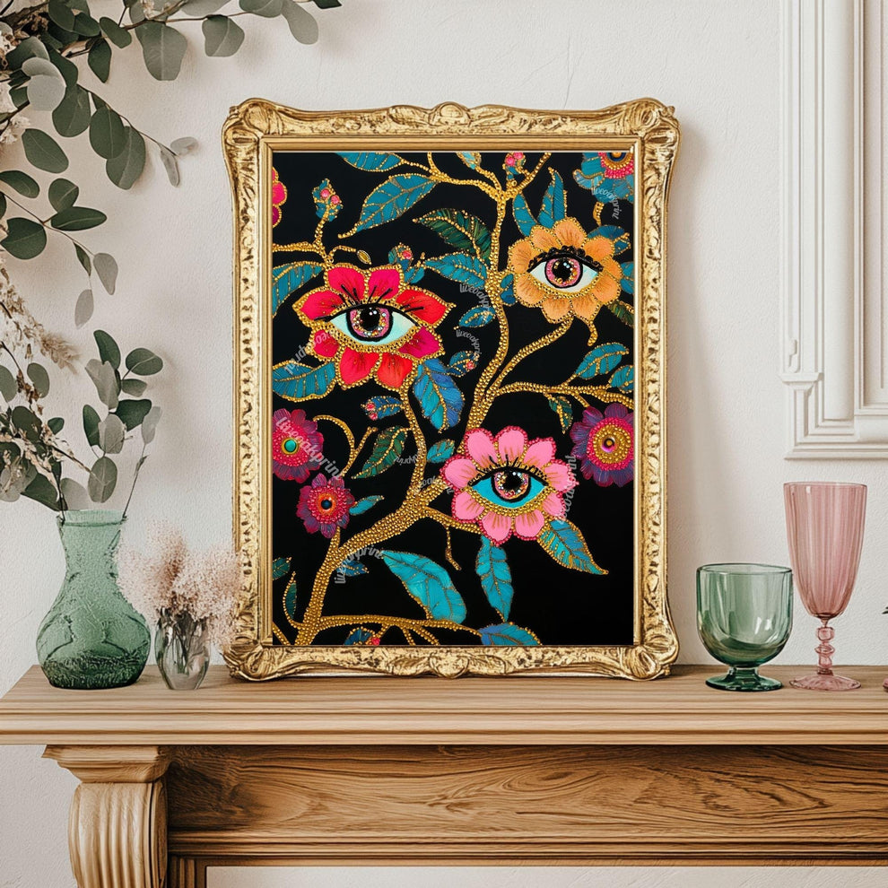 Surreal Eye Flower Art Print – Maximalist Floral Wall Art – Dark Botanical Print – Funky Eye Decor – Dopamine Decor for Eclectic Interiors