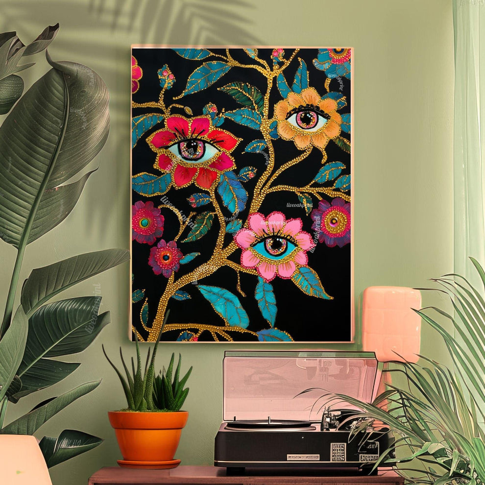 Surreal Eye Flower Art Print – Maximalist Floral Wall Art – Dark Botanical Print – Funky Eye Decor – Dopamine Decor for Eclectic Interiors