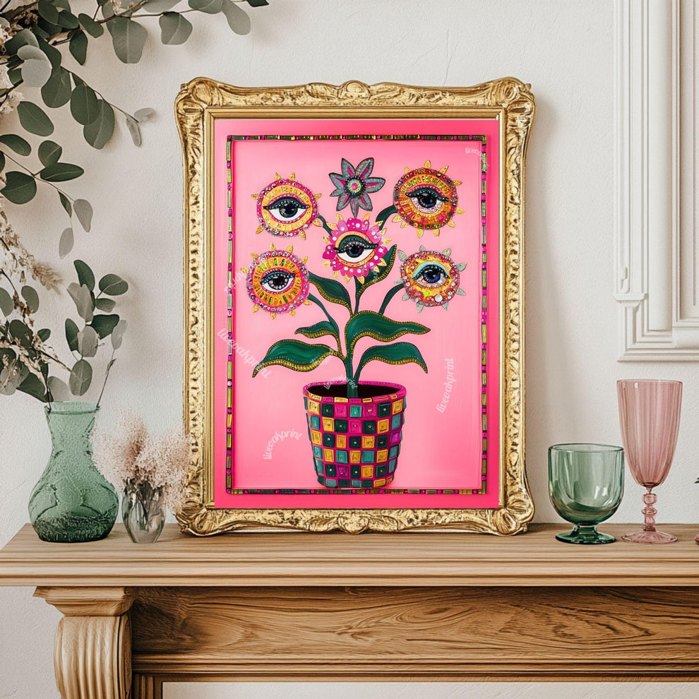 Surreal Flower Wall Art – Eye Art Print Psychedelic Pink Maximalist Wall Decor Dopamine Decor Funky Floral Poster Plant Wall Art Surrealist