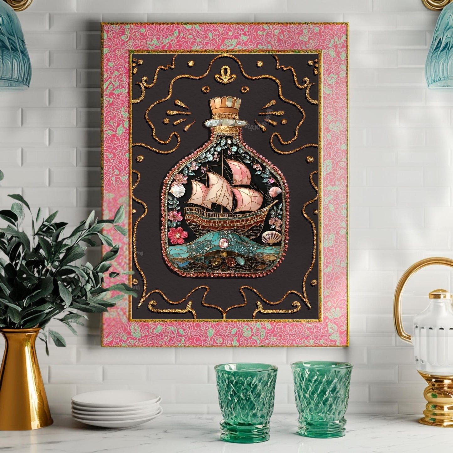 Ship in a Bottle Art Print – Coastal Wall Art – Dark Nautical Decor – Whimsical Ocean Poster – Maritime Fantasy Print – Maximalist Beach Art