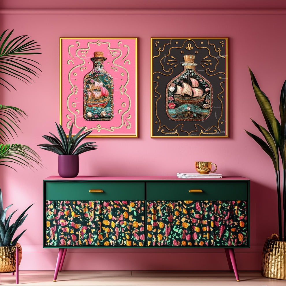 Ship in a Bottle Art Print – Coastal Wall Art – Dark Nautical Decor – Whimsical Ocean Poster – Maritime Fantasy Print – Maximalist Beach Art