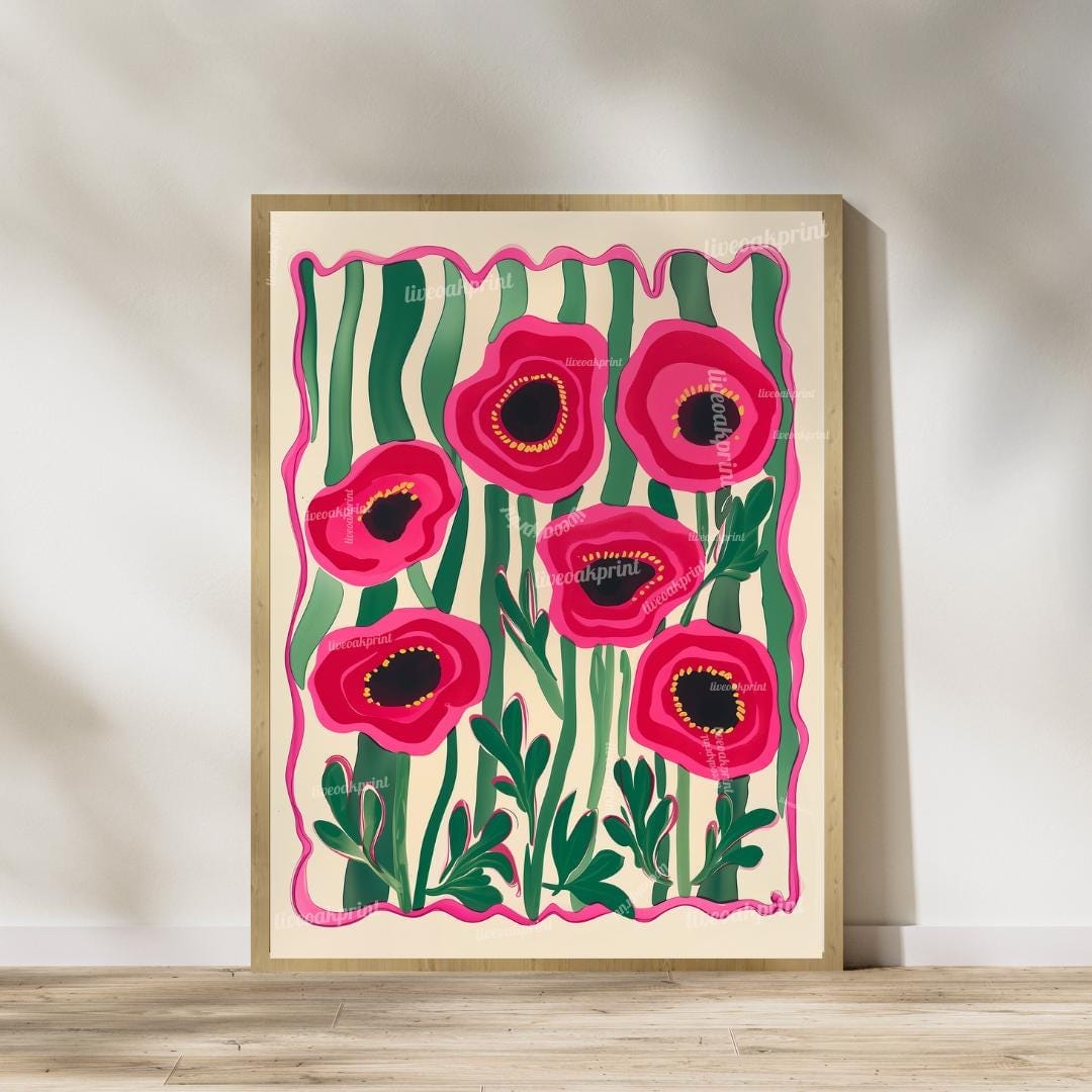Set Of 2 Flower Art Prints – Red Poppy Flower Prints Pink and Green Boho Botanical Wall Decor Coquette Red Bedroom Art Bold Maximalist Decor