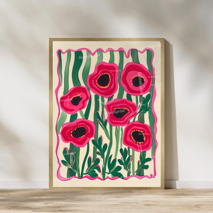 Set Of 2 Flower Art Prints – Red Poppy Flower Prints Pink and Green Boho Botanical Wall Decor Coquette Red Bedroom Art Bold Maximalist Decor