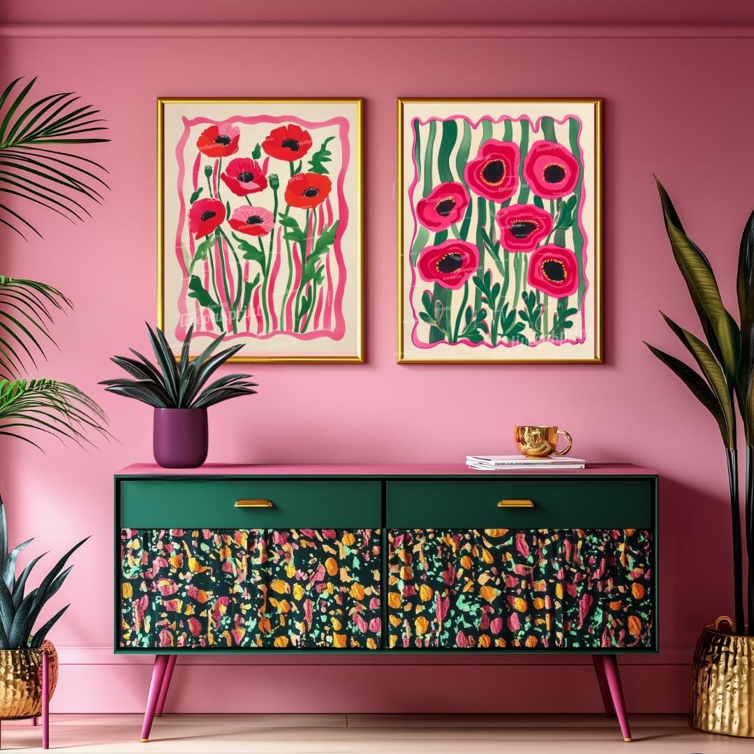 Set Of 2 Flower Art Prints – Red Poppy Flower Prints Pink and Green Boho Botanical Wall Decor Coquette Red Bedroom Art Bold Maximalist Decor