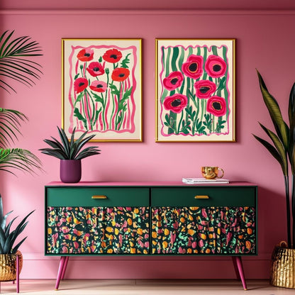 Set Of 2 Flower Art Prints – Red Poppy Flower Prints Pink and Green Boho Botanical Wall Decor Coquette Red Bedroom Art Bold Maximalist Decor